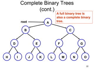 Complete Binary Trees
                   (cont.)
                                       A full binary tree is
                                       also a complete binary
            root               A       tree.

              B                                C



    D                  E               F               G



H       I          J       K       L       M       N       O

                                                           22
 