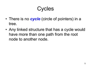 Cycles
• There is no cycle (circle of pointers) in a
  tree.
• Any linked structure that has a cycle would
  have more than one path from the root
  node to another node.




                                            5
 