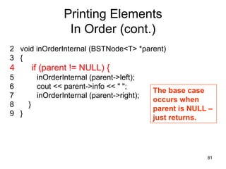Printing Elements
                In Order (cont.)
2 void inOrderInternal (BSTNode<T> *parent)
3 {
4     if (parent != NULL) {
5     inOrderInternal (parent->left);
6     cout << parent->info << " ";
                                         The base case
7     inOrderInternal (parent->right);
                                         occurs when
8   }
                                         parent is NULL –
9 }
                                         just returns.




                                                       81
 
