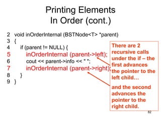 Printing Elements
                In Order (cont.)
2 void inOrderInternal (BSTNode<T> *parent)
3 {
4   if (parent != NULL) {                There are 2
5       inOrderInternal (parent->left); recursive calls
                                         under the if – the
6       cout << parent->info << " ";
                                         first advances
7       inOrderInternal (parent->right); the pointer to the
8   }                                    left child…
9 }
                                         and the second
                                         advances the
                                         pointer to the
                                         right child.
                                                        82
 