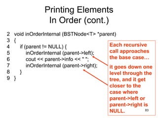 Printing Elements
                In Order (cont.)
2 void inOrderInternal (BSTNode<T> *parent)
3 {
4   if (parent != NULL) {                Each recursive
5       inOrderInternal (parent->left);  call approaches
6       cout << parent->info << " ";     the base case…
7       inOrderInternal (parent->right); it goes down one
8   }                                    level through the
9 }                                      tree, and it get
                                         closer to the
                                         case where
                                         parent->left or
                                         parent->right is
                                         NULL.           83
 