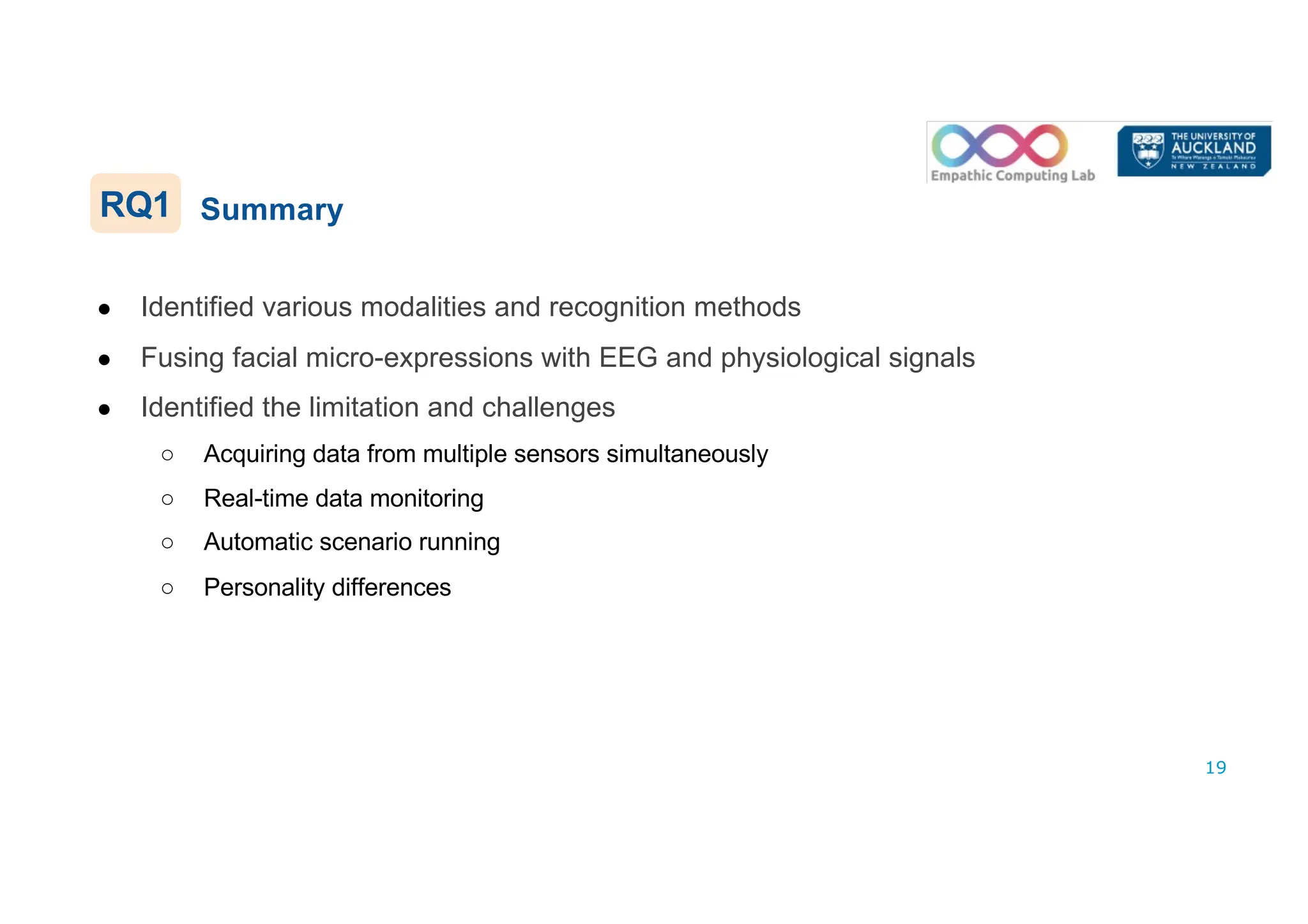 ● Identified various modalities and recognition methods
● Fusing facial micro-expressions with EEG and physiological signals
● Identified the limitation and challenges
○ Acquiring data from multiple sensors simultaneously
○ Real-time data monitoring
○ Automatic scenario running
○ Personality differences
19
Summary
RQ1
 
