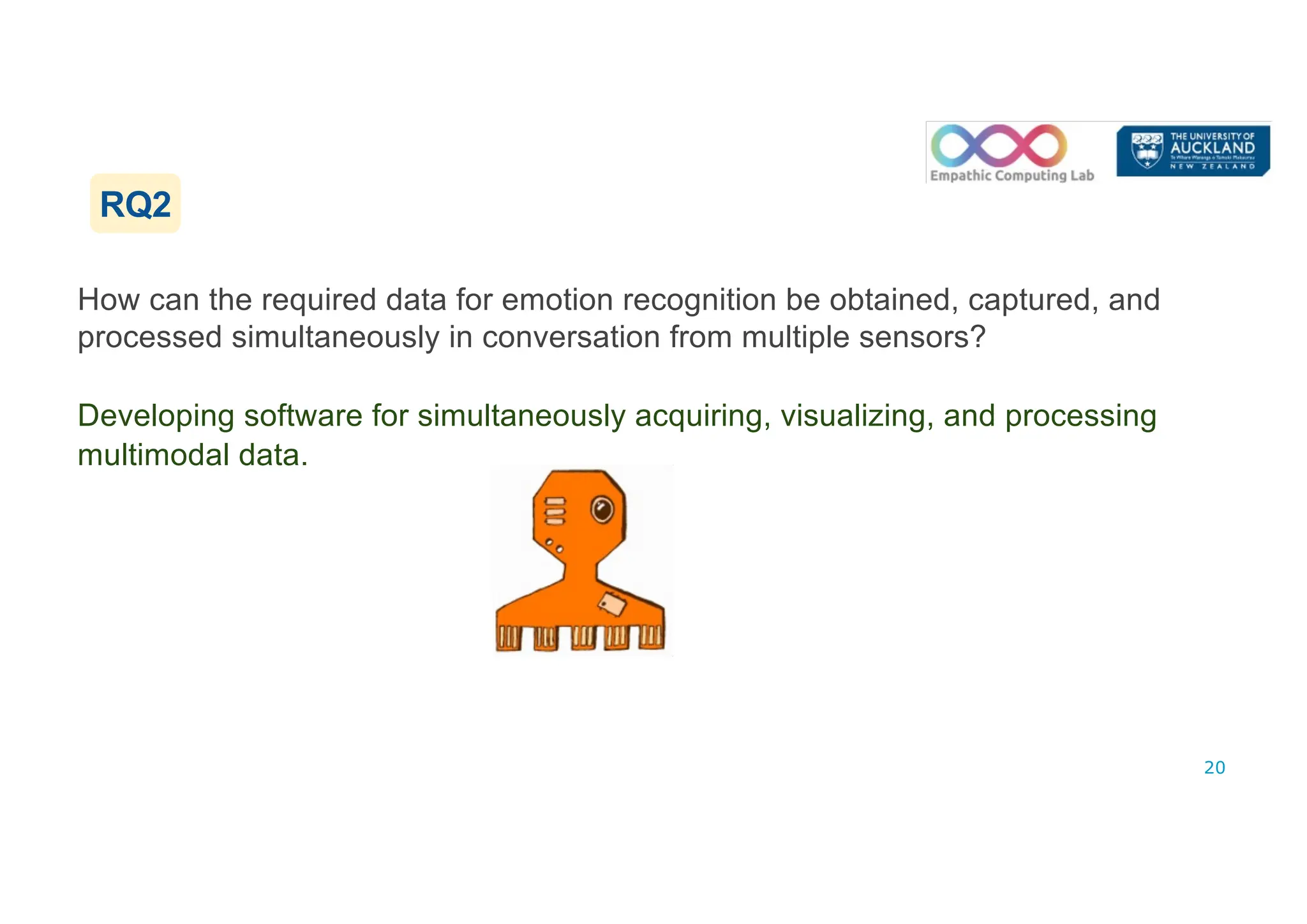 How can the required data for emotion recognition be obtained, captured, and
processed simultaneously in conversation from multiple sensors?
Developing software for simultaneously acquiring, visualizing, and processing
multimodal data.
20
RQ2
 