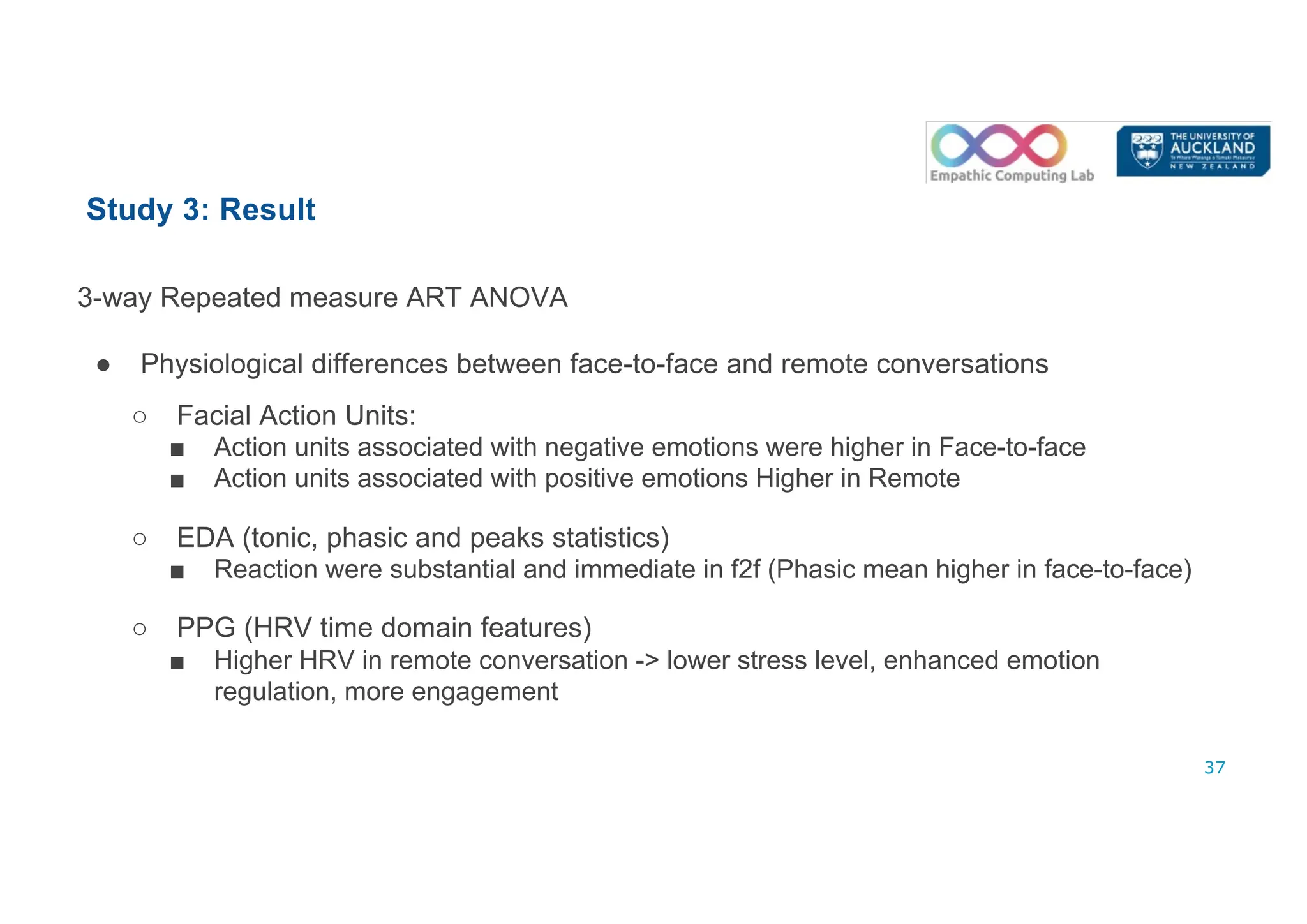 Study 3: Result
3-way Repeated measure ART ANOVA
● Physiological differences between face-to-face and remote conversations
○ Facial Action Units:
■ Action units associated with negative emotions were higher in Face-to-face
■ Action units associated with positive emotions Higher in Remote
○ EDA (tonic, phasic and peaks statistics)
■ Reaction were substantial and immediate in f2f (Phasic mean higher in face-to-face)
○ PPG (HRV time domain features)
■ Higher HRV in remote conversation -> lower stress level, enhanced emotion
regulation, more engagement
37
 