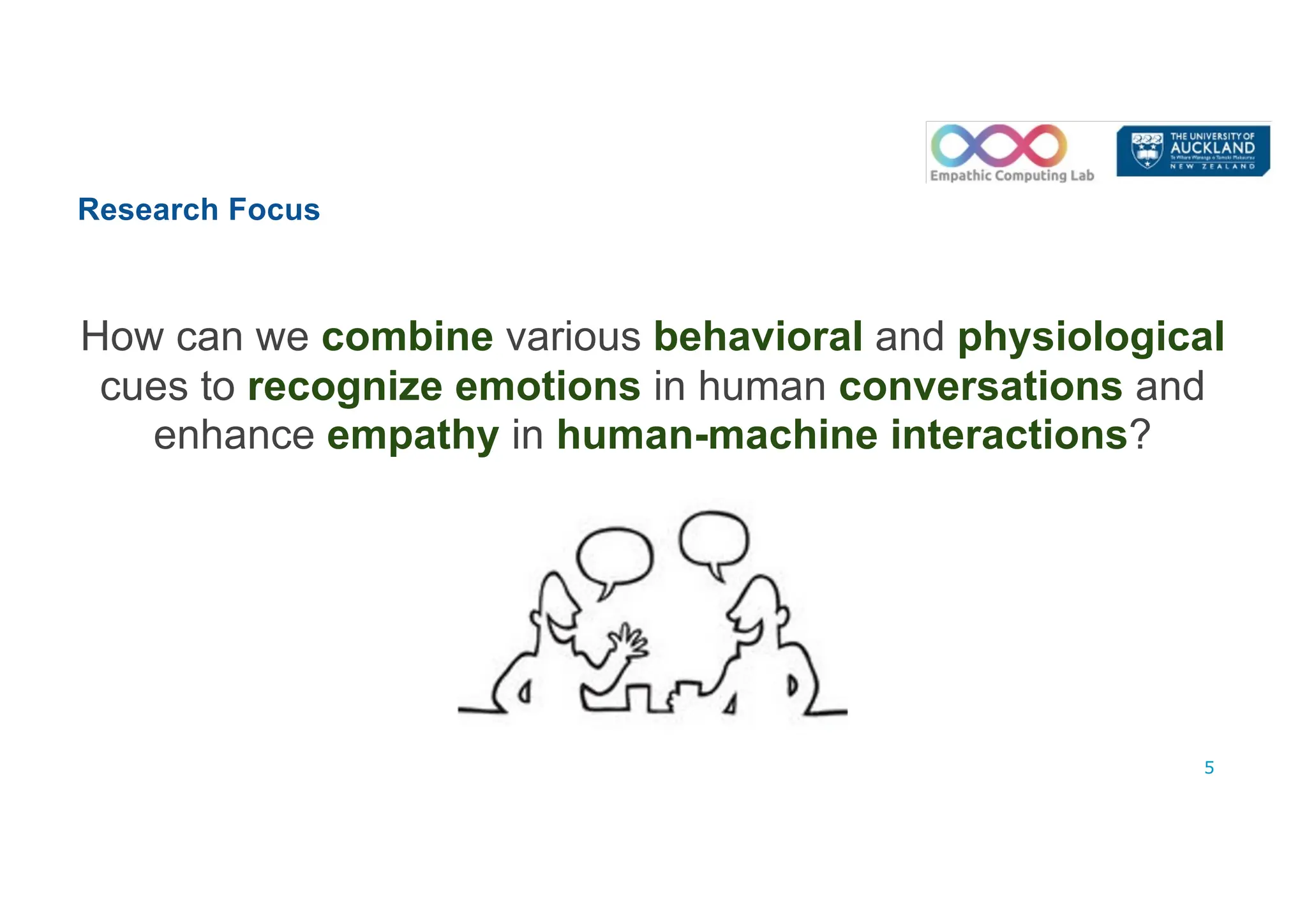 Research Focus
How can we combine various behavioral and physiological
cues to recognize emotions in human conversations and
enhance empathy in human-machine interactions?
5
 