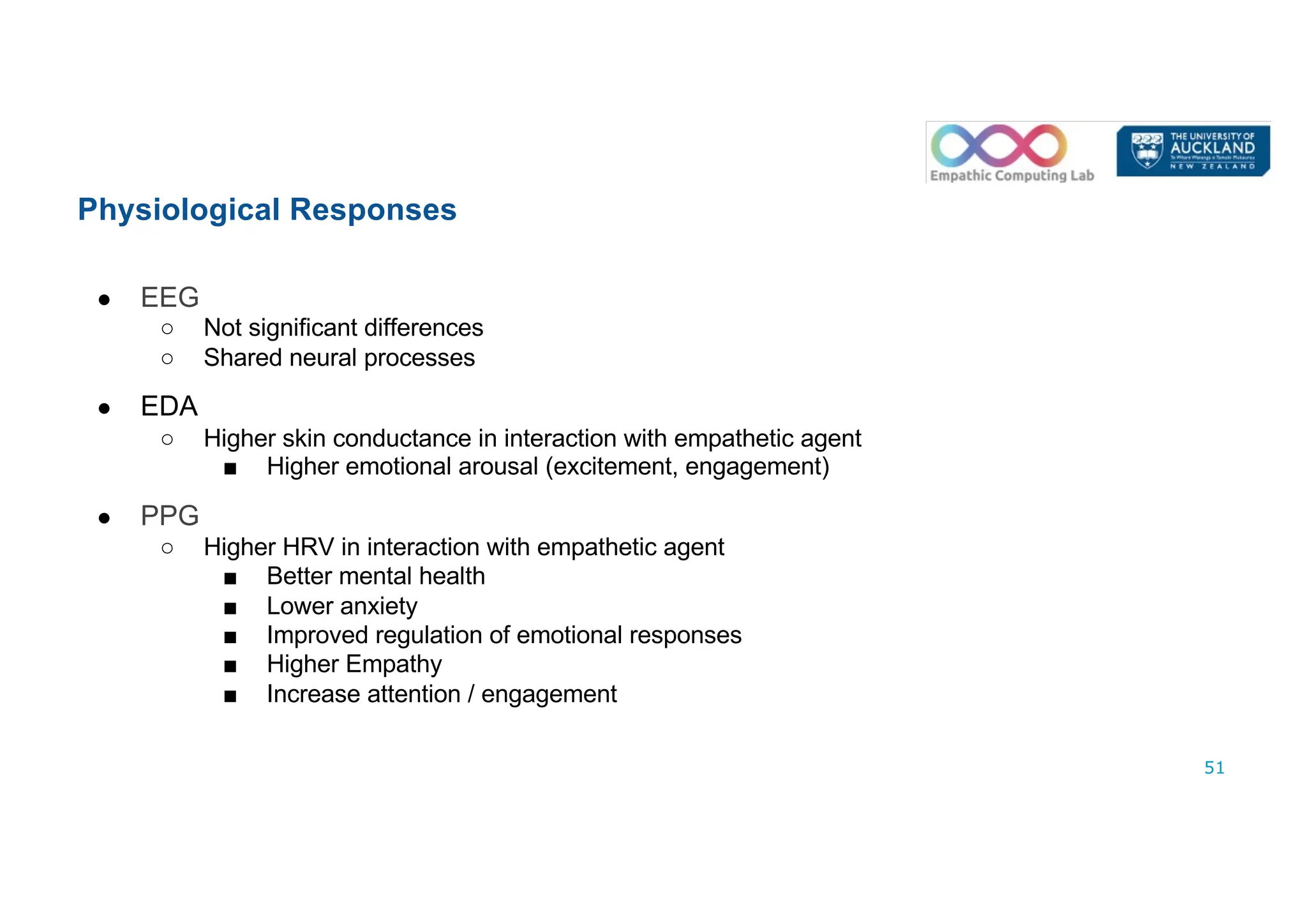 Physiological Responses
● EEG
○ Not significant differences
○ Shared neural processes
● EDA
○ Higher skin conductance in interaction with empathetic agent
■ Higher emotional arousal (excitement, engagement)
● PPG
○ Higher HRV in interaction with empathetic agent
■ Better mental health
■ Lower anxiety
■ Improved regulation of emotional responses
■ Higher Empathy
■ Increase attention / engagement
51
 