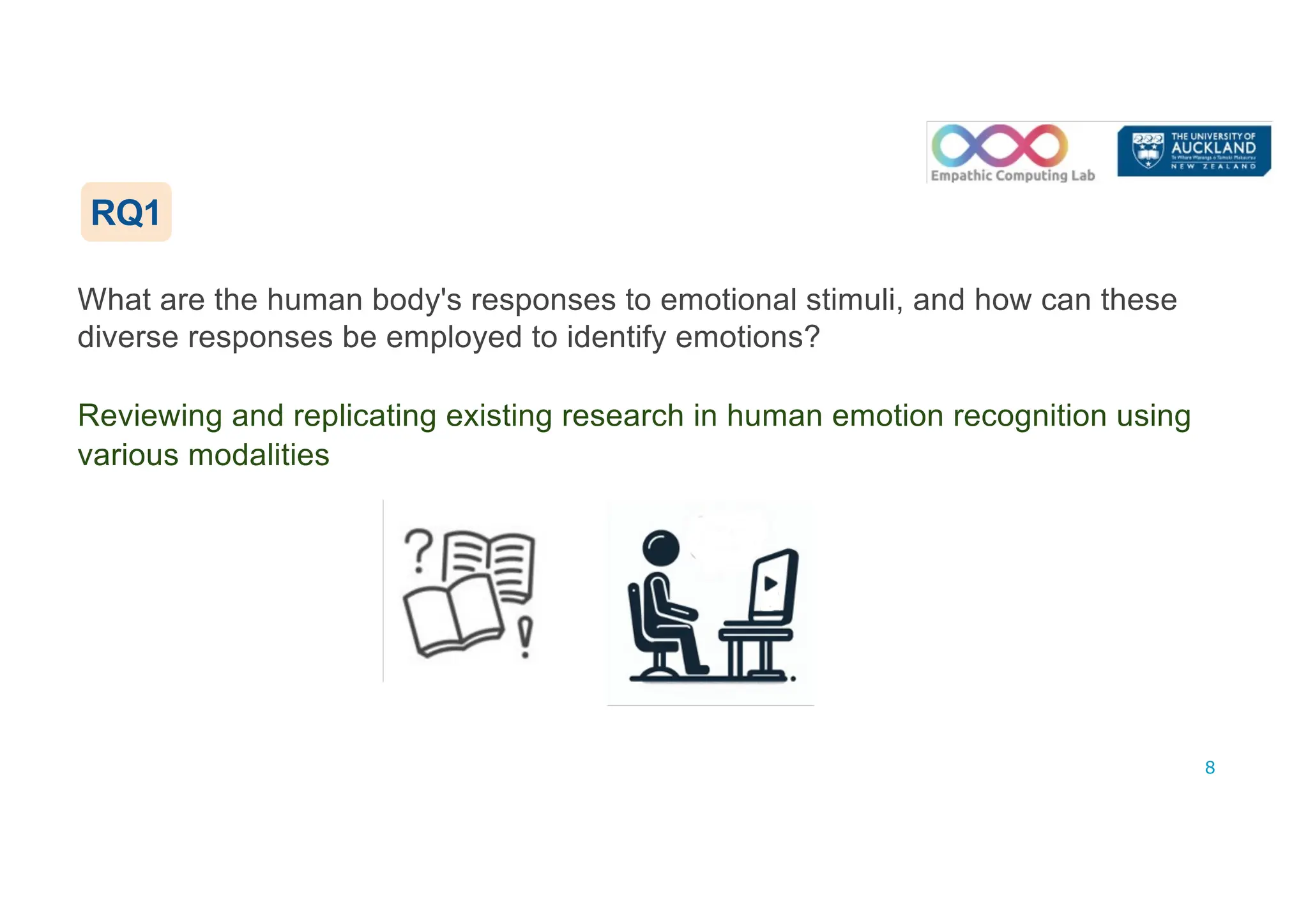 What are the human body's responses to emotional stimuli, and how can these
diverse responses be employed to identify emotions?
Reviewing and replicating existing research in human emotion recognition using
various modalities
8
RQ1
 