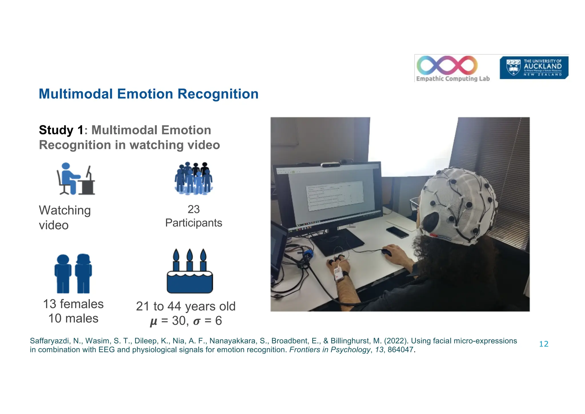 Multimodal Emotion Recognition
12
23
Participants
21 to 44 years old
𝞵 = 30, 𝝈 = 6
13 females
10 males
Watching
video
Study 1: Multimodal Emotion
Recognition in watching video
Saffaryazdi, N., Wasim, S. T., Dileep, K., Nia, A. F., Nanayakkara, S., Broadbent, E., & Billinghurst, M. (2022). Using facial micro-expressions
in combination with EEG and physiological signals for emotion recognition. Frontiers in Psychology, 13, 864047.
 