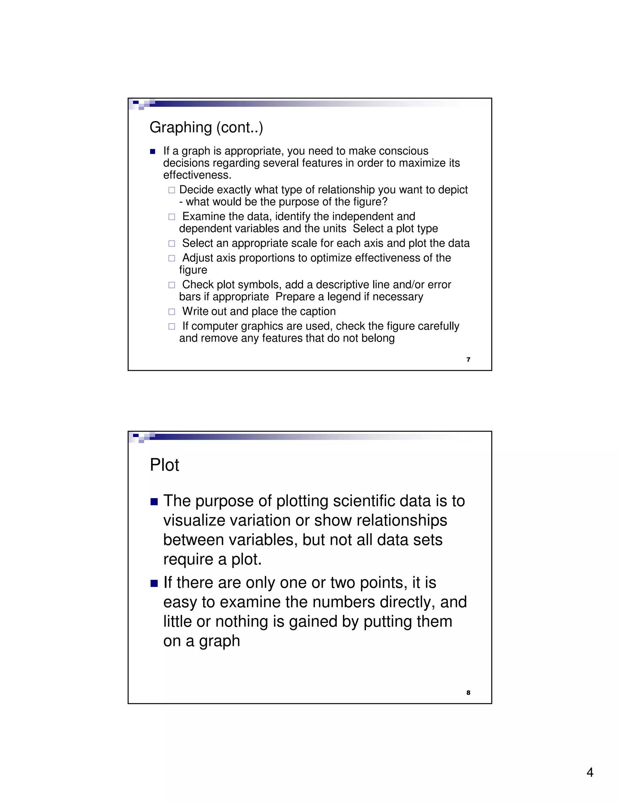 Graphing (cont..)
  If a graph is appropriate, you need to make conscious
  decisions regarding several features in order to maximize its
  effectiveness.
      Decide exactly what type of relationship you want to depict
      - what would be the purpose of the figure?
       Examine the data, identify the independent and
      dependent variables and the units Select a plot type
       Select an appropriate scale for each axis and plot the data
       Adjust axis proportions to optimize effectiveness of the
      figure
       Check plot symbols, add a descriptive line and/or error
      bars if appropriate Prepare a legend if necessary
       Write out and place the caption
       If computer graphics are used, check the figure carefully
      and remove any features that do not belong
                                                                 7




Plot

  The purpose of plotting scientific data is to
  visualize variation or show relationships
  between variables, but not all data sets
  require a plot.
  If there are only one or two points, it is
  easy to examine the numbers directly, and
  little or nothing is gained by putting them
  on a graph


                                                                 8




                                                                     4
 