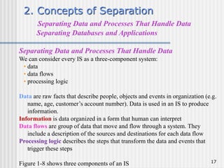 17
2. Concepts of Separation
Separating Data and Processes That Handle Data
Separating Databases and Applications
Separating Data and Processes That Handle Data
We can consider every IS as a three-component system:
• data
• data flows
• processing logic
Data are raw facts that describe people, objects and events in organization (e.g.
name, age, customer’s account number). Data is used in an IS to produce
information.
Information is data organized in a form that human can interpret
Data flows are group of data that move and flow through a system. They
include a description of the sources and destinations for each data flow
Processing logic describes the steps that transform the data and events that
trigger these steps
Figure 1-8 shows three components of an IS
 