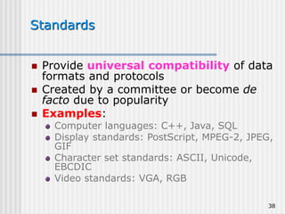 38
Standards
 Provide universal compatibility of data
formats and protocols
 Created by a committee or become de
facto due to popularity
 Examples:
Computer languages: C++, Java, SQL
Display standards: PostScript, MPEG-2, JPEG,
GIF
Character set standards: ASCII, Unicode,
EBCDIC
Video standards: VGA, RGB
 