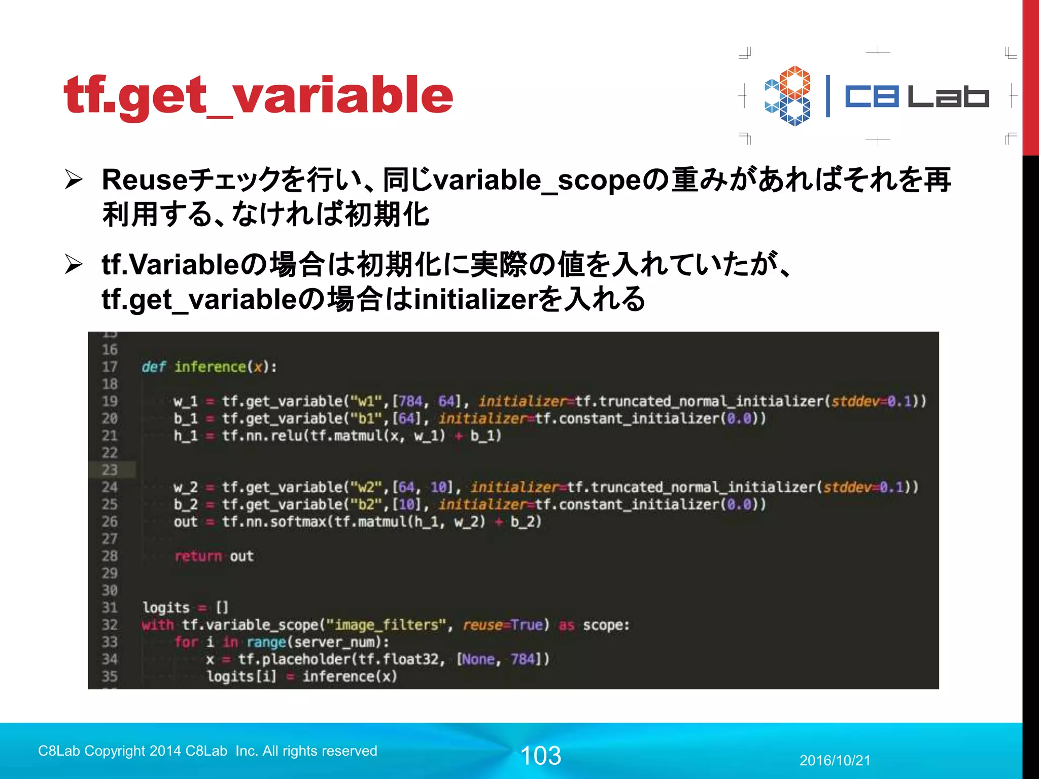 103
tf.train.Saver()について
 第一引数に何も入れていないと、それまでに出てきたgraph内の全て
の変数を保存するという意味になる
 一部だけを保存したい（特定の層だけ保存など）は
2017/9/19
Singularity Copyright 2016 Singularity Inc. All rights
reserved
saver = tf.train.Saver（ {'v1': v1, 'v2': v2} ）
 