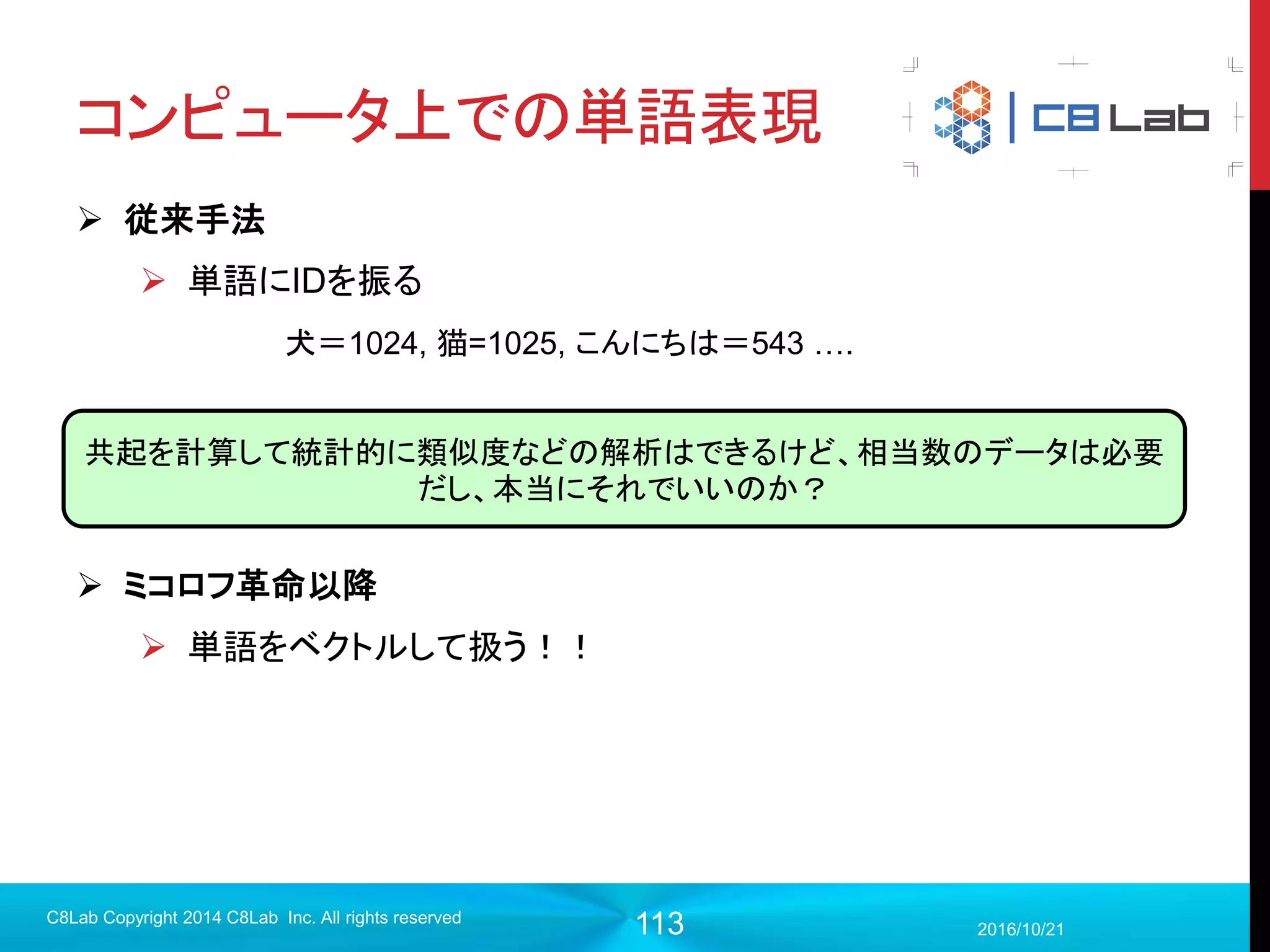 113
TensorBoardを使うには？
3. Writerを呼び出して対象のグラフと出力先を指定
4. ログ取得のオペレーションを実行してその結果をWriterで書き込み
2017/9/19
Singularity Copyright 2016 Singularity Inc. All rights
reserved
summary_writer = tf.summary.FileWriter( ‘logs’, sess.graph)
※宣言するとGraphsに対象のデータフローが描画される
# ログ取得を実行
summary = sess.run(summary_op, feed_dict={x:hoge, y:fuga})
# 取得した結果をwriterで書き込み
summary_writer.add_summary(summary, step)
 