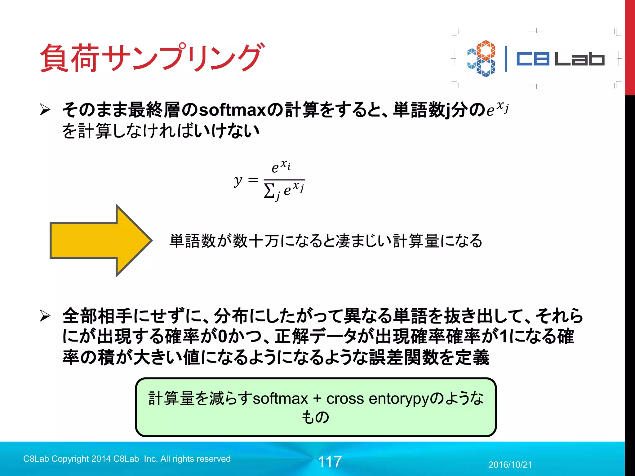 117
Distributions
 入力項目
 数値のテンソルならなんでも可能
 活用例
 重みや出力の分布観測
 重みも誤差も収束しているならうまくいっている、など
2017/9/19
C8Lab Copyright 2014 C8Lab Inc. All rights reserved
100%
93%
84%
69%
50%
色の濃さは分布の割合
をあらわす。
 