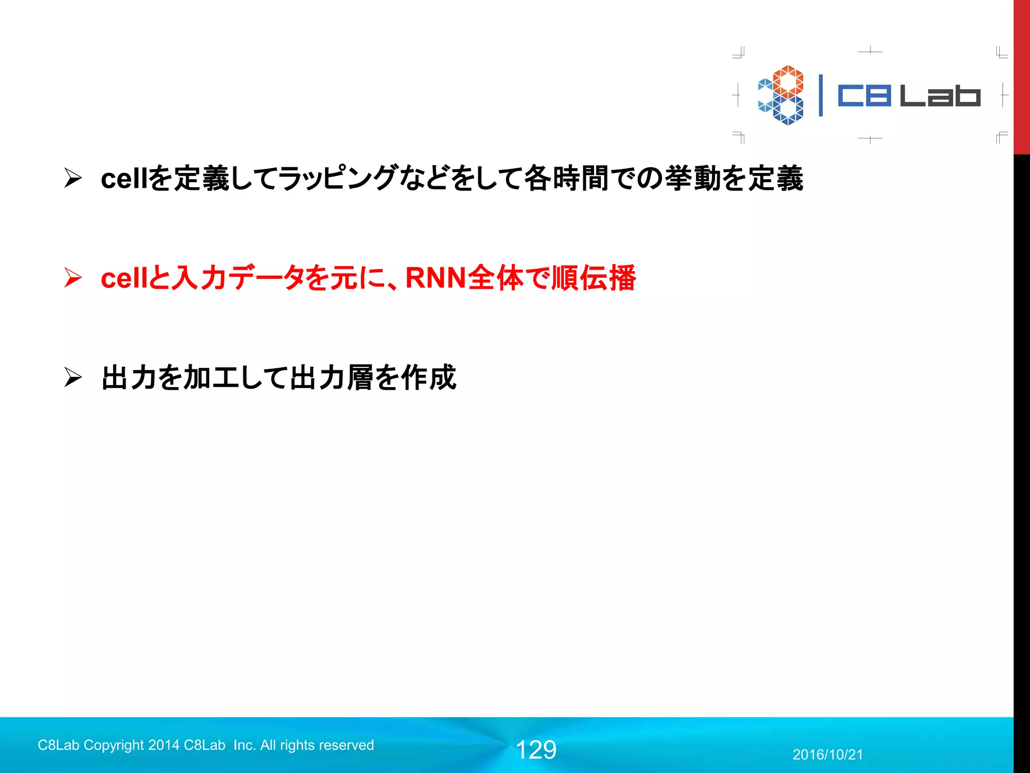 129
Writerの定義
 ログ出力先、対象のグラフを引数に与える
 複数のwriterを定義（出力先を分離）すればパラメータが異なる場合や
訓練、テストを分けてログ出力可能
2017/9/19
Singularity Copyright 2016 Singularity Inc. All rights
reserved
#writerの宣言
summary_writer = tf.summary.FileWriter(FLAGS.log_dir, sess.graph)
 