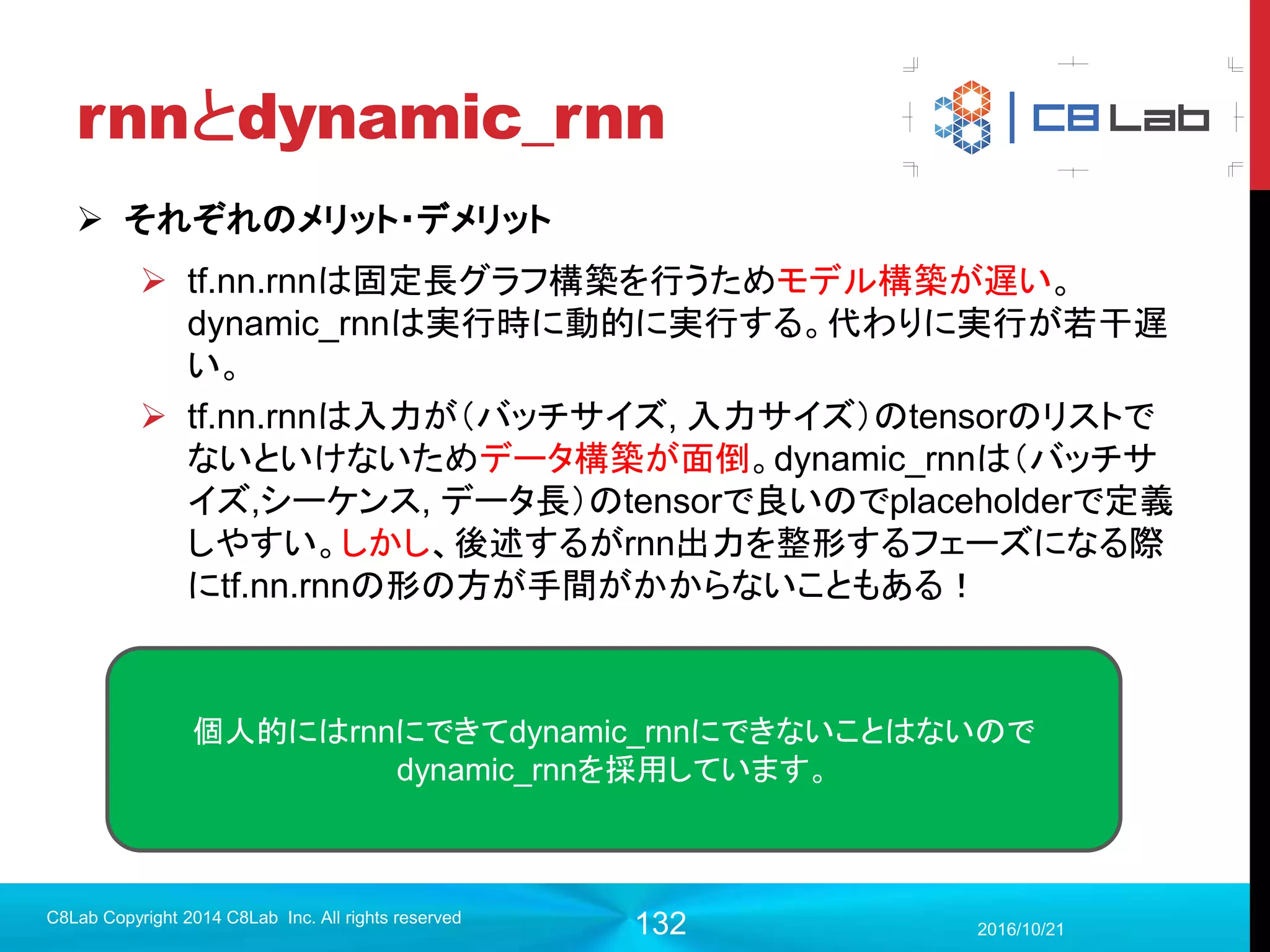 132
Embeddingsを用いるには
 注意して欲しいのが、embeddingはTensorBoardのログファイルを見
ないで、前章で説明したチェックポイントファイル（.dataファイル）を見て
いる
 ログファイルはないけど何やら重み、バイアスを組み込もうとしている
 見ているのはtf.Variable()の情報
2017/9/19
Singularity Copyright 2016 Singularity Inc. All rights
reserved
tensorboard –logdir ./models/
 