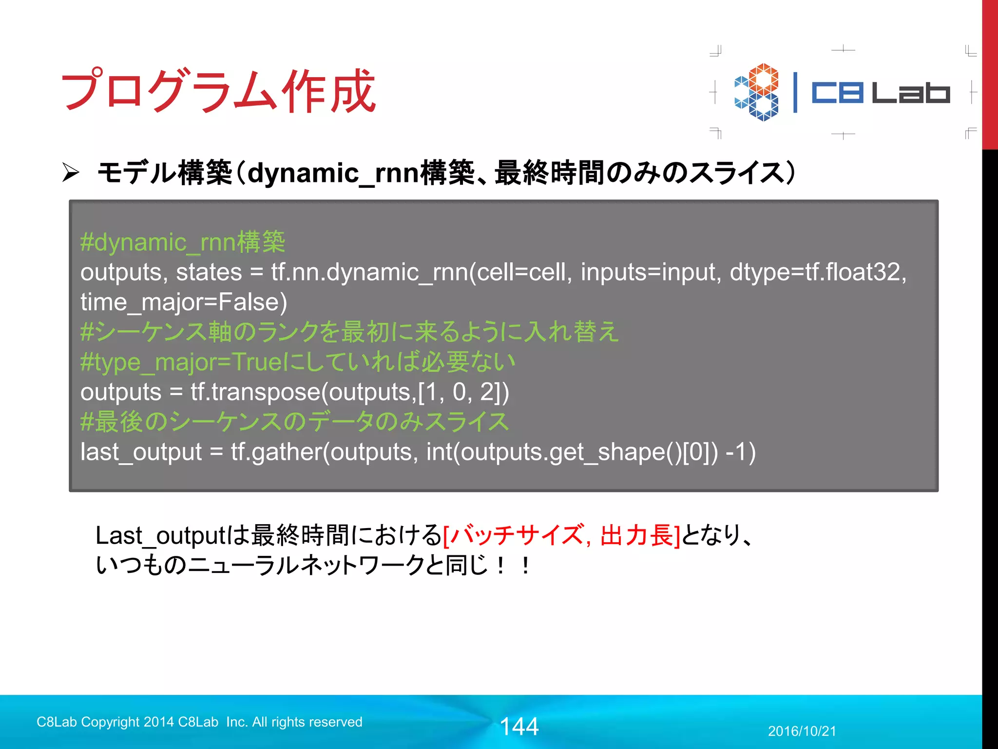 144
TensorBoardデモ
2017/9/19
C8Lab Copyright 2014 C8Lab Inc. All rights reserved
 