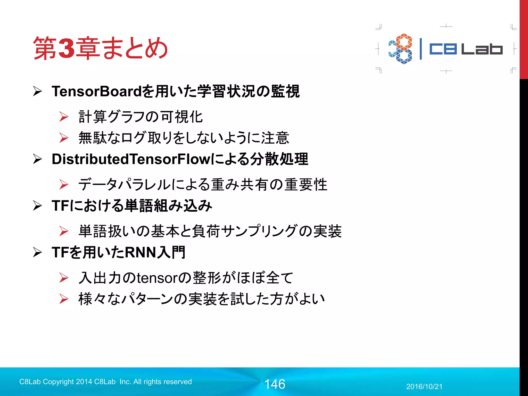 146
TensorFlowにおけるRNN入門
2017/9/19
C8Lab Copyright 2014 C8Lab Inc. All rights reserved
 