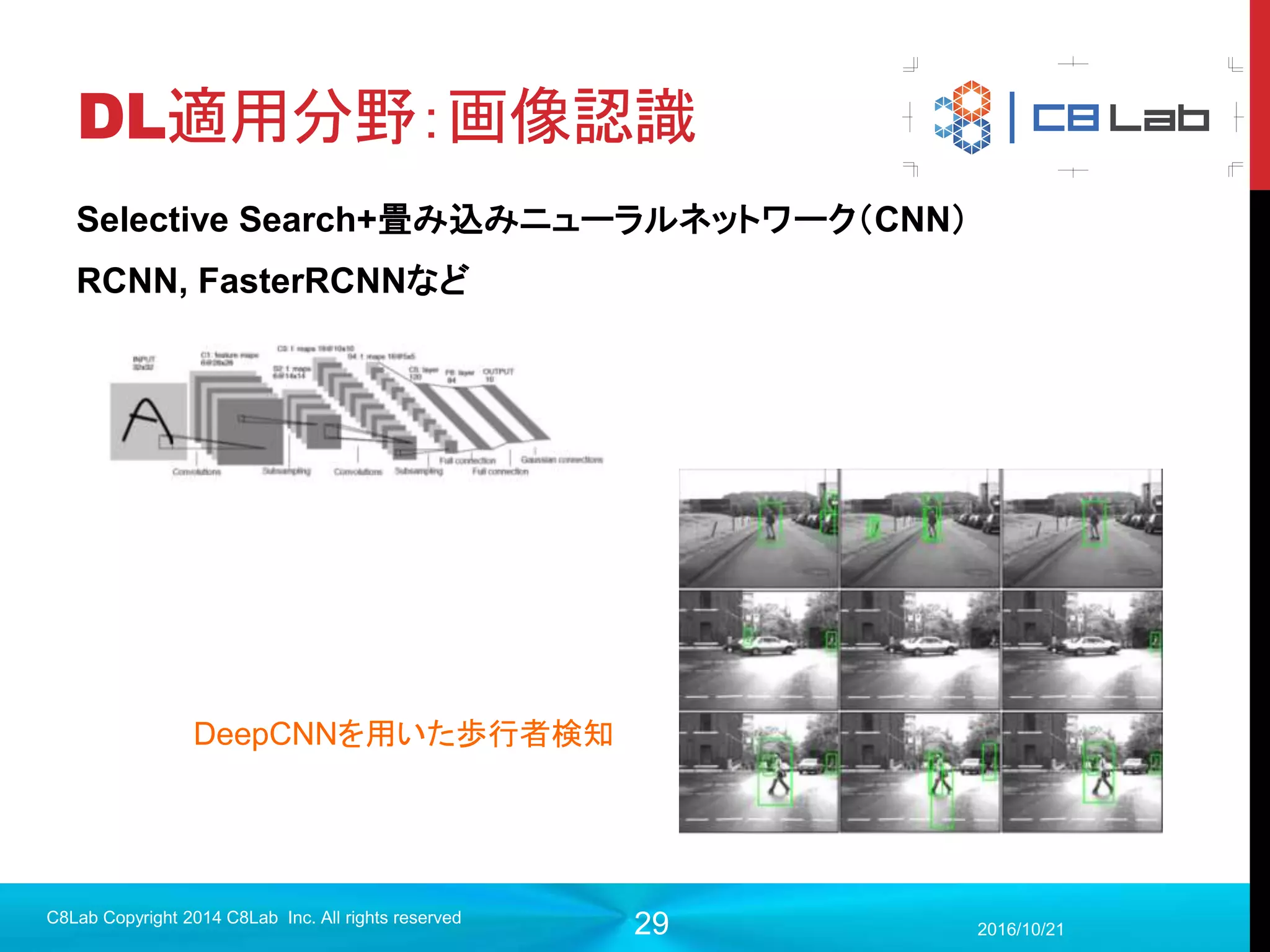 29
例：オートエンコーダ
入力（信号）を可能な限り再現するようなニューラルネットワーク
2017/9/19
C8Lab Copyright 2014 C8Lab Inc. All rights reserved
エンコード デコード
生成されたパラメータから出
力された隠れ層は、入力情
報の特徴を表していると言え
る。
・圧縮しているだけなので、不要な
情報をそぎ落として、いいパラメー
タ（特徴）を表している。
・入力値が教師データとなるため、
「教師なし」で実現可能。
 