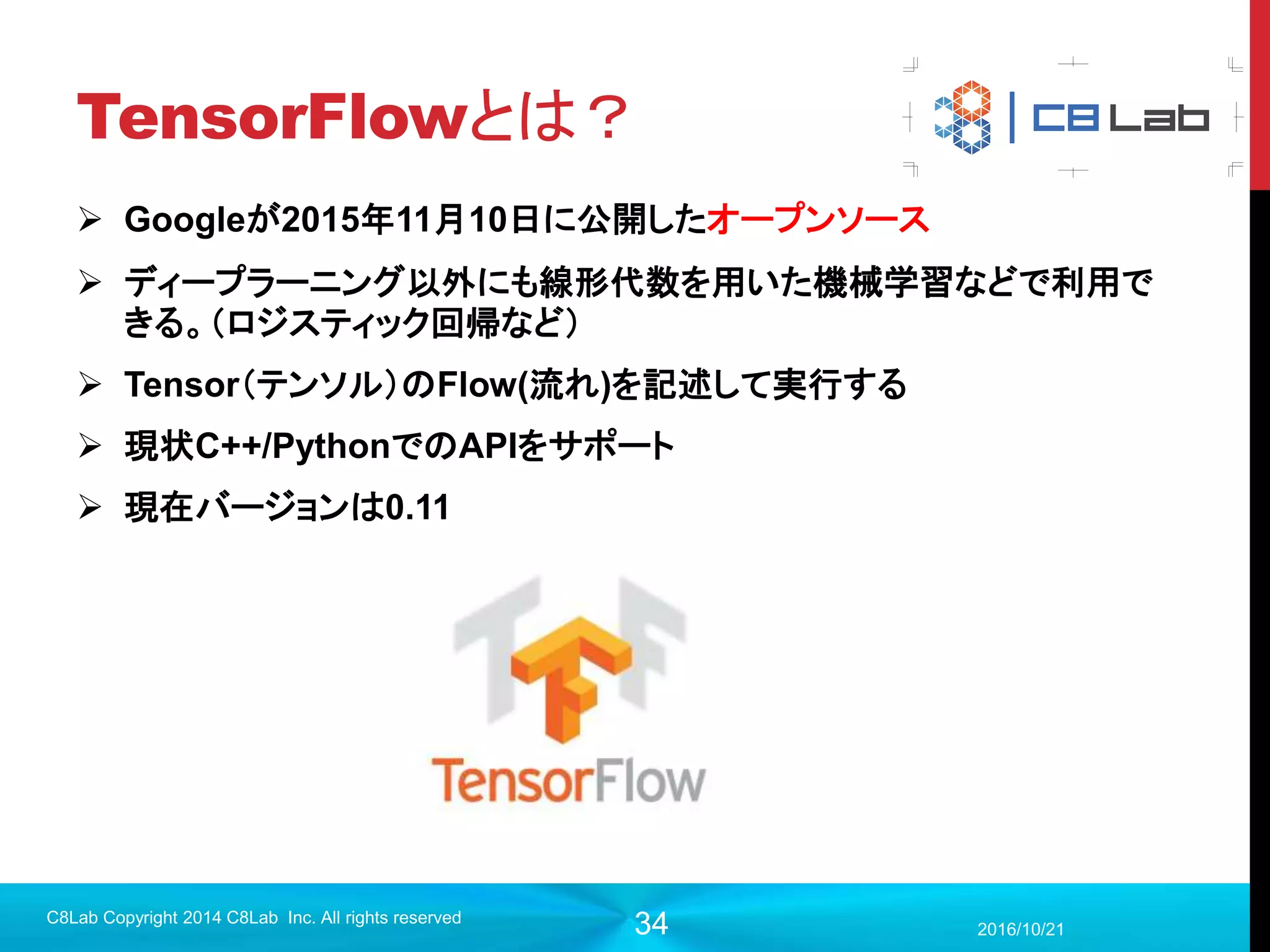 34
グーグルの論文
 教師なしで事前学習させたネットワークでも十分機能する
 なにやら特定の分野に反応するニューロンが自動的に生成されている
らしい（おばあちゃん細胞説の確認）
 しかもさらに教師あり学習で学習させて、分類機を作ったところ、いまま
でのものより相対比７０%以上精度向上した！
2017/9/19
C8Lab Copyright 2014 C8Lab Inc. All rights reserved
 