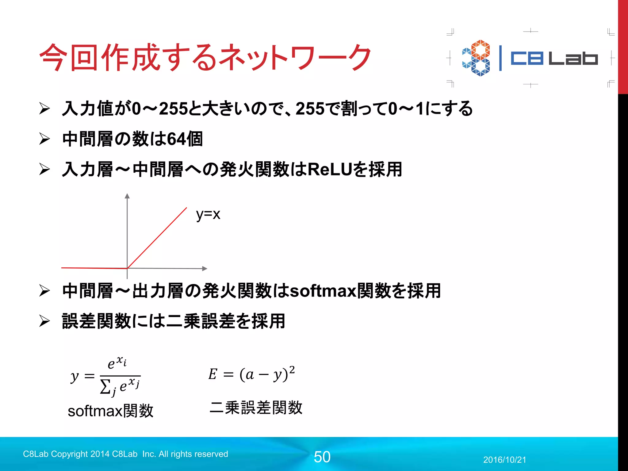 50
計算グラフ
2017/9/19
C8Lab Copyright 2014 C8Lab Inc. All rights reserved
Variable
val1
const1 val1
add
定数：3 変数：初期値0
加算の結果
a = tf.constant(3, name="const1")
b = tf.Variable(0, name="val1")
add = tf.add(a, b)
Variableやconstantは、変数・定数を出力
するという演算を行うという認識。
 