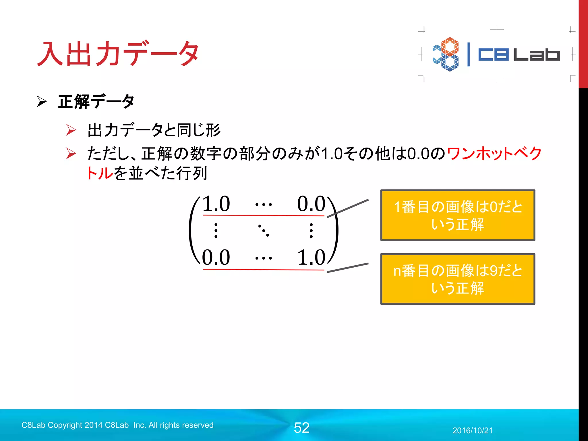 52
計算グラフ
2017/9/19
C8Lab Copyright 2014 C8Lab Inc. All rights reserved
Variable
val1
const1 val1
add
Input
Init = tf. global_variables_initializer ()
変数は初期化が必要
assign
placeholder
mul
掛け算の結果 init
構築したグラフをセッション上で動かす
初期化オペレーション
 