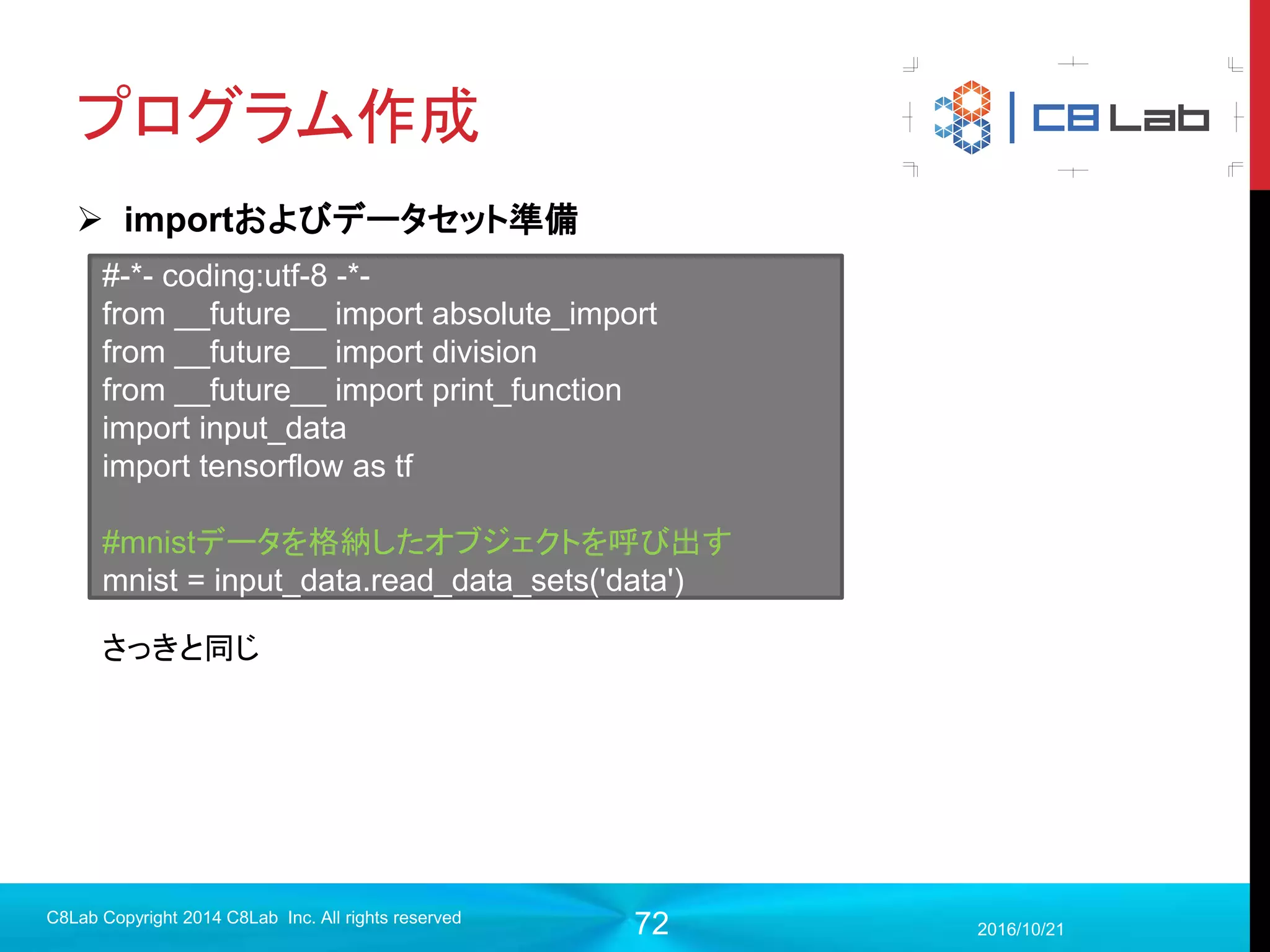 72
プログラム作成
 簡単に今回のモデルを計算グラフで表すと
2017/9/19
C8Lab Copyright 2014 C8Lab Inc. All rights reserved
順伝播実行
誤差計算
訓練
評価
入力データ
正解データ
 