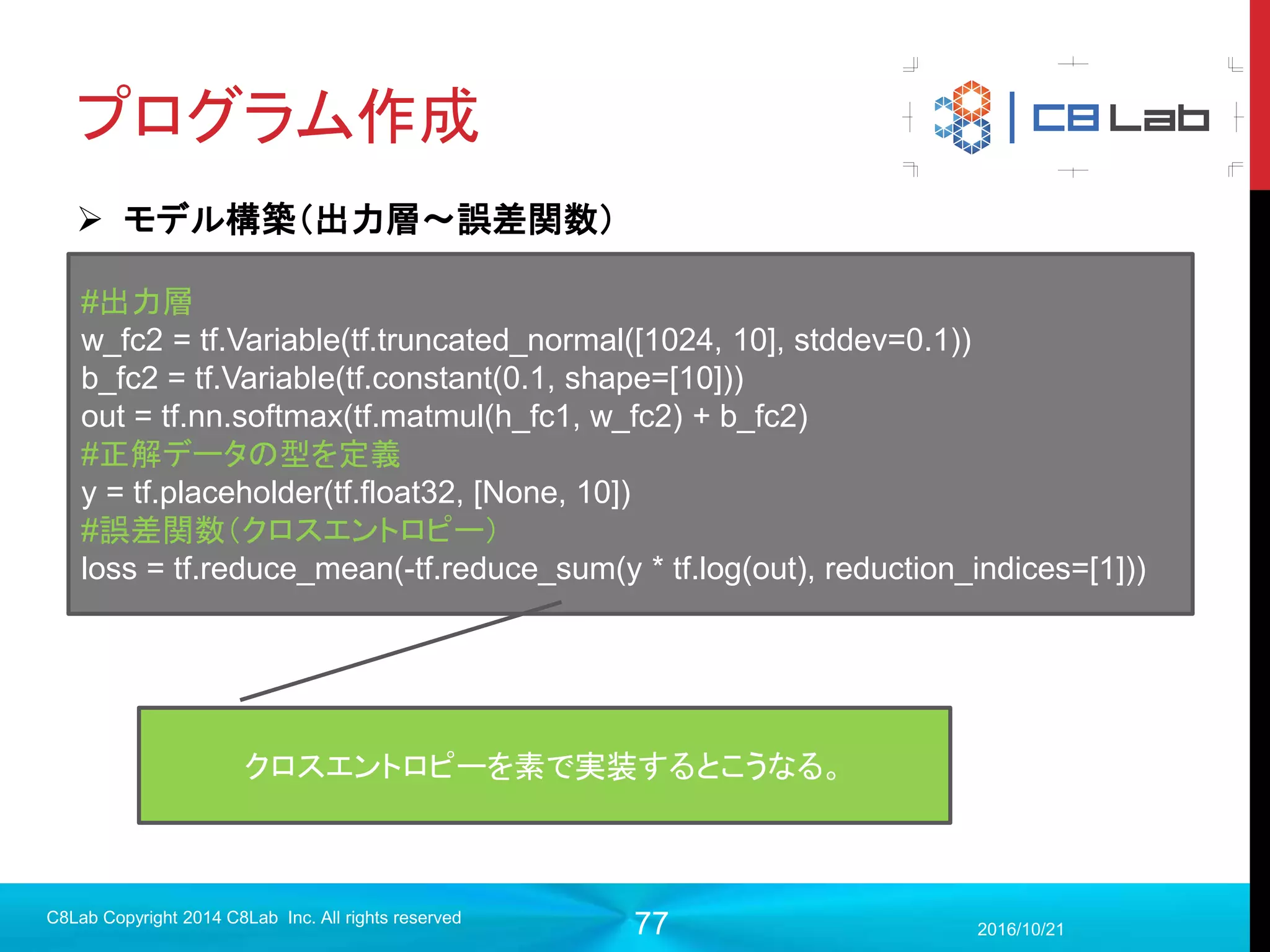 77
もう少し改良はできないか・・・
 もっと多層にすればいいのではないか？
 ディープニューラルネットワークに！！
 そのまま画像ピクセルを入れているがもう少し画像を形として捉えられ
ないか？
 畳み込みニューラルネットワークを導入
 誤差関数は本当に単純な二乗誤差でいいの？
 クロスエントロピーの導入
2017/9/19
C8Lab Copyright 2014 C8Lab Inc. All rights reserved
それではやっていきましょう！
 