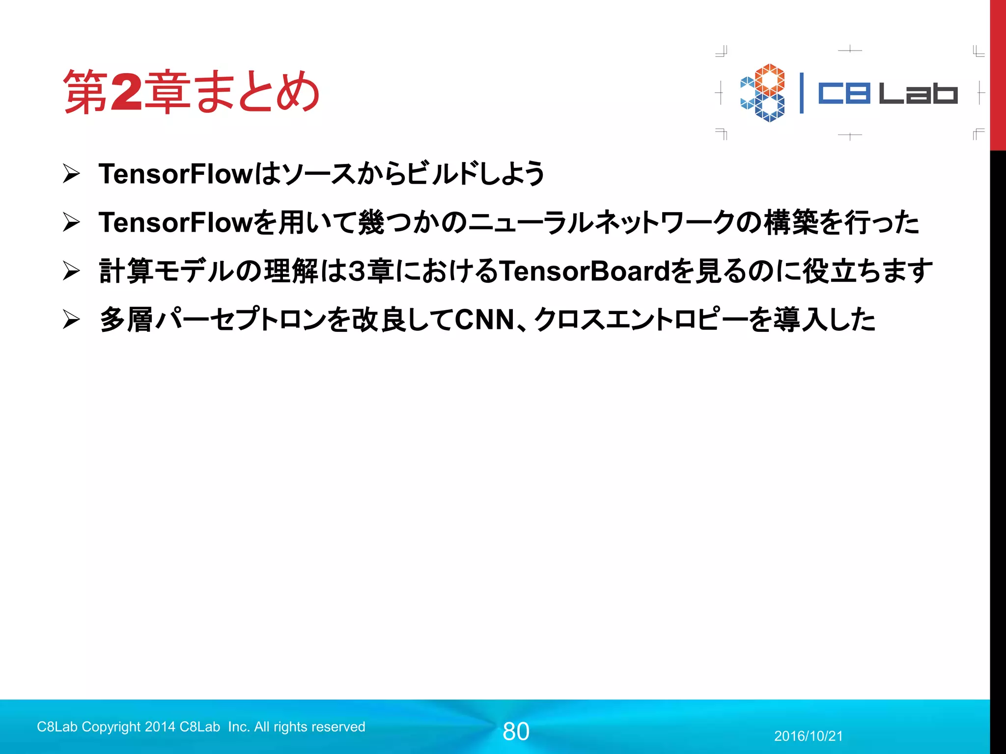 80
さらにざっくり説明
2017/9/19
C8Lab Copyright 2014 C8Lab Inc. All rights reserved
32×32の1チャンネル画像を、
28×28の６チャンネル画像に畳
み込み
32×32の1枚の画像を28×28の６枚の画像に変換したという認識で大丈夫！！
画像は複数のチャンネル（画像）を重ね合わせているものであると理解する。
midiのチャンネルのようなもの
 