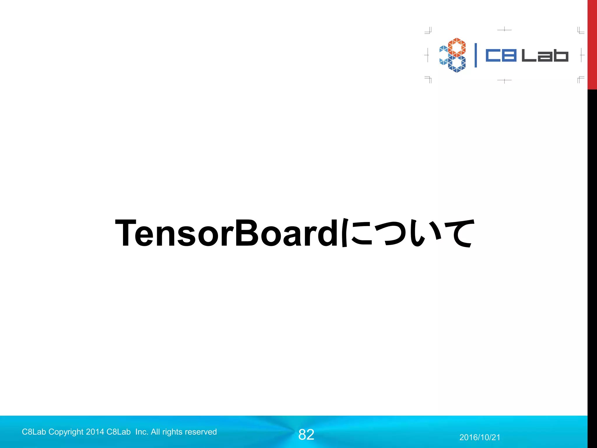 82
今回作成するプログラム
 入力データ（28×28の1チャンネル）を5×5のフィルタで32チャンネルに
畳み込み
 出てきた画像を2×2のフィルタでmaxプーリング
 出てきた画像を5×5のフィルタで64チャンネルに畳み込み
 出てきた画像を2×2のフィルタでmaxプーリング
 出てきた画像を1024個のユニットの全結合層に変換
 softmax関数で10ユニットの最終層出力
 最終層以外の発火関数はReLU
2017/9/19
C8Lab Copyright 2014 C8Lab Inc. All rights reserved
 
