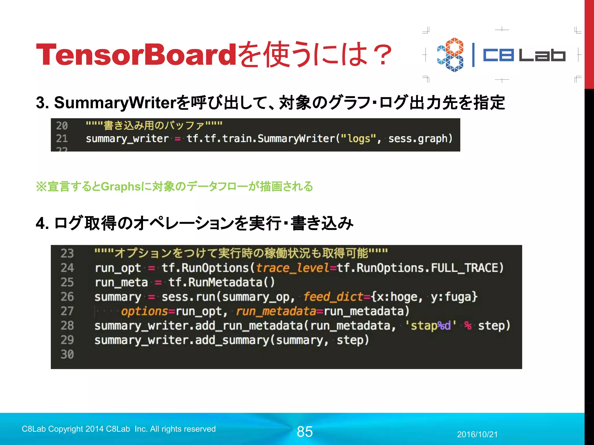 85
プログラム作成
 モデル構築（バイアス＋プーリング層2）
2017/9/19
C8Lab Copyright 2014 C8Lab Inc. All rights reserved
b1 = tf.Variable(tf.constant(0.1, shape=[32]))
h_conv1 = tf.nn.relu(conv1+b1)
#プーリング層1
h_pool1 = tf.nn.max_pool(h_conv1, ksize=[1,2,2,1], strides=[1,2,2,1],
padding='SAME')
カーネルサイズが畳み込みとは異なり、
ストライドと同じ構成をとる。
バッチ方向、カーネル方向にプーリング
することはないので、ksize[0], ksize[3]
は必ず1
 