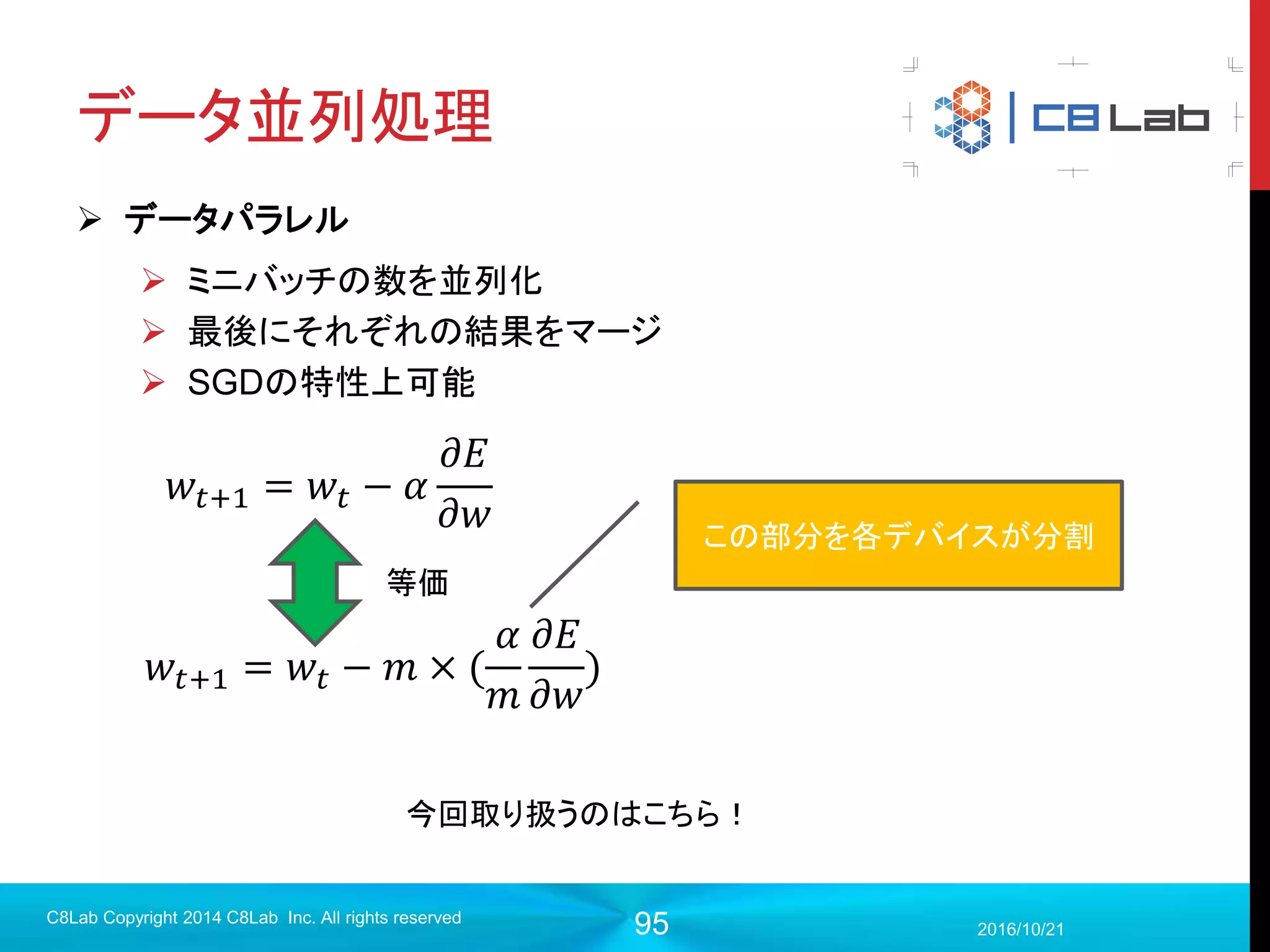 95
今回やること
 おなじみMNISTを用いた手書き文字認識
 学習の過程で一定ステップごとにモデルを保存
 訓練が終わって、再び学習した時に今まで学習を行ったステップから再
開できるように
2017/9/19
Singularity Copyright 2016 Singularity Inc. All rights
reserved
学習（１０００ステップ）
モデル出力 読込
再学習（１０００-2000ステップ）
出力 モデル2
 