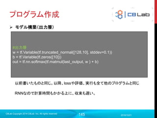 145
まとめ
 基本はログ取得・マージ・書き込み
 name_scopeをうまく活用してより見やすい形にする
 Embeddingsは特殊なので注意
 様々な機能があるので用途に応じて柔軟に使い分ける
 Webベースなので結果をみるだけならTensorFlowの実行環境はいら
ないのがいいところ
2017/9/19
Singularity Copyright 2016 Singularity Inc. All rights
reserved
 