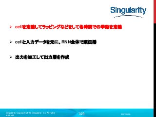 149
 cellを定義してラッピングなどをして各時間での挙動を定義
 cellと入力データを元に、RNN全体で順伝播
 出力を加工して出力層を作成
2017/9/19
Singularity Copyright 2016 Singularity Inc. All rights
reserved
 