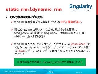 156
static_rnnとdynamic_rnn
 それぞれのメリット・デメリット
 tf.nn.rnnは固定長グラフ構築を行うためモデル構築が遅い。
 現状のraw_rnn がテスト中なので、現状もっとも簡単に
feed_previousを意識したSeq2Seqを一番簡単に組めるのは
static_rnn（個人的な感想）
 tf.nn.rnnは入力が（バッチサイズ, 入力サイズ）のTensorのリストで
である一方、dynamic_rnnは（バッチサイズ,シーケンス, データ長）
のTensor。データによってデータセットを組みやすかったり組みにく
かったり
2017/9/19
C8Lab Copyright 2014 C8Lab Inc. All rights reserved
計算効率などの問題上、dynamic_rnnを公式では推奨している
 