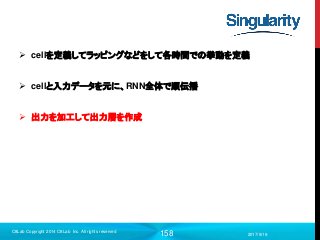 158
 cellを定義してラッピングなどをして各時間での挙動を定義
 cellと入力データを元に、RNN全体で順伝播
 出力を加工して出力層を作成
2017/9/19
C8Lab Copyright 2014 C8Lab Inc. All rights reserved
 