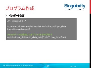 165
プログラム作成
 インポートなど
2017/9/19
C8Lab Copyright 2014 C8Lab Inc. All rights reserved
#-*- coding:utf-8 -*-
from tensorflow.examples.tutorials.mnist import input_data
import tensorflow as tf
#mnistデータを格納したオブジェクトを呼び出す
mnist = input_data.read_data_sets("data/", one_hot=True)
 