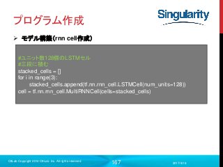 167
プログラム作成
 モデル構築（rnn cell作成）
2017/9/19
C8Lab Copyright 2014 C8Lab Inc. All rights reserved
#ユニット数128個のLSTMセル
#三段に積む
stacked_cells = []
for i in range(3):
stacked_cells.append(tf.nn.rnn_cell.LSTMCell(num_units=128))
cell = tf.nn.rnn_cell.MultiRNNCell(cells=stacked_cells)
 