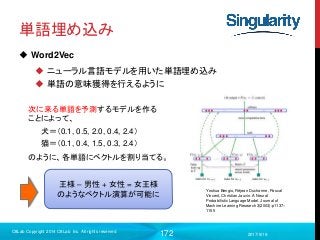172
単語埋め込み
 Word2Vec
 ニューラル言語モデルを用いた単語埋め込み
 単語の意味獲得を行えるように
2017/9/19
C8Lab Copyright 2014 C8Lab Inc. All rights reserved
Yoshua Bengio, Réjean Ducharme, Pascal
Vincent, Christian Jauvin. A Neural
Probabilistic Language Model. Journal of
Machine Learning Research 3(2003):p1137–
1155
犬＝（0.1, 0.5, 2.0, 0.4, 2.4）
猫＝（0.1, 0.4, 1.5, 0.3, 2.4）
次に来る単語を予測するモデルを作る
ことによって、
のように、各単語にベクトルを割り当てる。
王様 – 男性 + 女性 = 女王様
のようなベクトル演算が可能に
 
