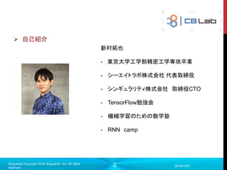 2 2017/9/19
Singularity Copyright 2016 Singularity Inc. All rights
reserved
 自己紹介
新村拓也
- 東京大学工学部精密工学専攻卒業
- シーエイトラボ株式会社 代表取締役
- シンギュラリティ株式会社 取締役CTO
- TFUG
 