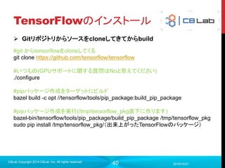 40
TensorFlowとは？
 Googleが2015年11月10日に公開したオープンソース
 ディープラーニング以外にも線形代数を用いた機械学習などで利用で
きる。（ロジスティック回帰など）
 Tensor（テンソル）のFlow(流れ)を記述して実行する
 2017年9月現在、C++/Python/Java/GoでのAPIをサポート
 2017年9月現在バージョンは1.3
2017/9/19
C8Lab Copyright 2014 C8Lab Inc. All rights reserved
 
