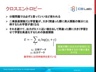 70
プログラム作成
 モデル構築（誤差計算と訓練）
2017/9/19
C8Lab Copyright 2014 C8Lab Inc. All rights reserved
#誤差関数
loss = tf.reduce_mean(tf.square(y - out))
#訓練
train_step = tf.train.GradientDescentOptimizer(0.5).minimize(loss)
reduce_mean, reduce_sumは平均や合計を取りながら次元を削減してくれる。
axisを指定しなければ全ての要素や平均を取ってスカラーにする。
学習率
0.1 ⋯ 0.1
⋮ ⋱ ⋮
0.2 ⋯ 0.3
( 𝑥0 … 𝑥 𝑚)
𝑦0
⋮
𝑦 𝑛
axis=0
axis=1
Optimizerのminimizeを実行すること
で自動的に勾配を計算して値を更新
してくれる。
compute_gradients
+
apply_gradients
 