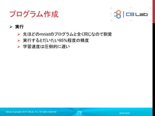 79
畳み込みニューラルネットワーク
 一般的に様々な特徴を検知するフィルタは確率されているが、どんな
フィルタを採用すればいいかはわからない・・・
2017/9/19
C8Lab Copyright 2014 C8Lab Inc. All rights reserved
畳み込みニューラルネットワークが学習するのは、
このフィルタの値！
・画像を扱う際に空間情報を意識
・余計な結合が切り離されているた
めに多層にしても大丈夫！
GOOD!!
 