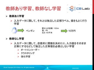 8
機械学習とは？
 入力xを得て何らかの出力を生成するモデルがあるときに、このモデル
を構成するパラメータを正解との誤差によって自動的に学習していくシ
ステム
2017/9/19
C8Lab Copyright 2014 C8Lab Inc. All rights reserved
入力 モデル 出力 正解
誤差
パラメータを更新
例）：各種物件情報
例）：予測した家賃と実際の家賃の差
 