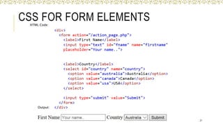 CSS FOR FORM ELEMENTS
27
HTML Code:
Output:
 