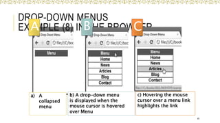a) A
collapsed
menu
DROP-DOWN MENUS
EXAMPLE (8) IN THE BROWSER
49
b) A drop-down menu
is displayed when the
mouse cursor is hovered
over Menu
c) Hovering the mouse
cursor over a menu link
highlights the link
A B C
 