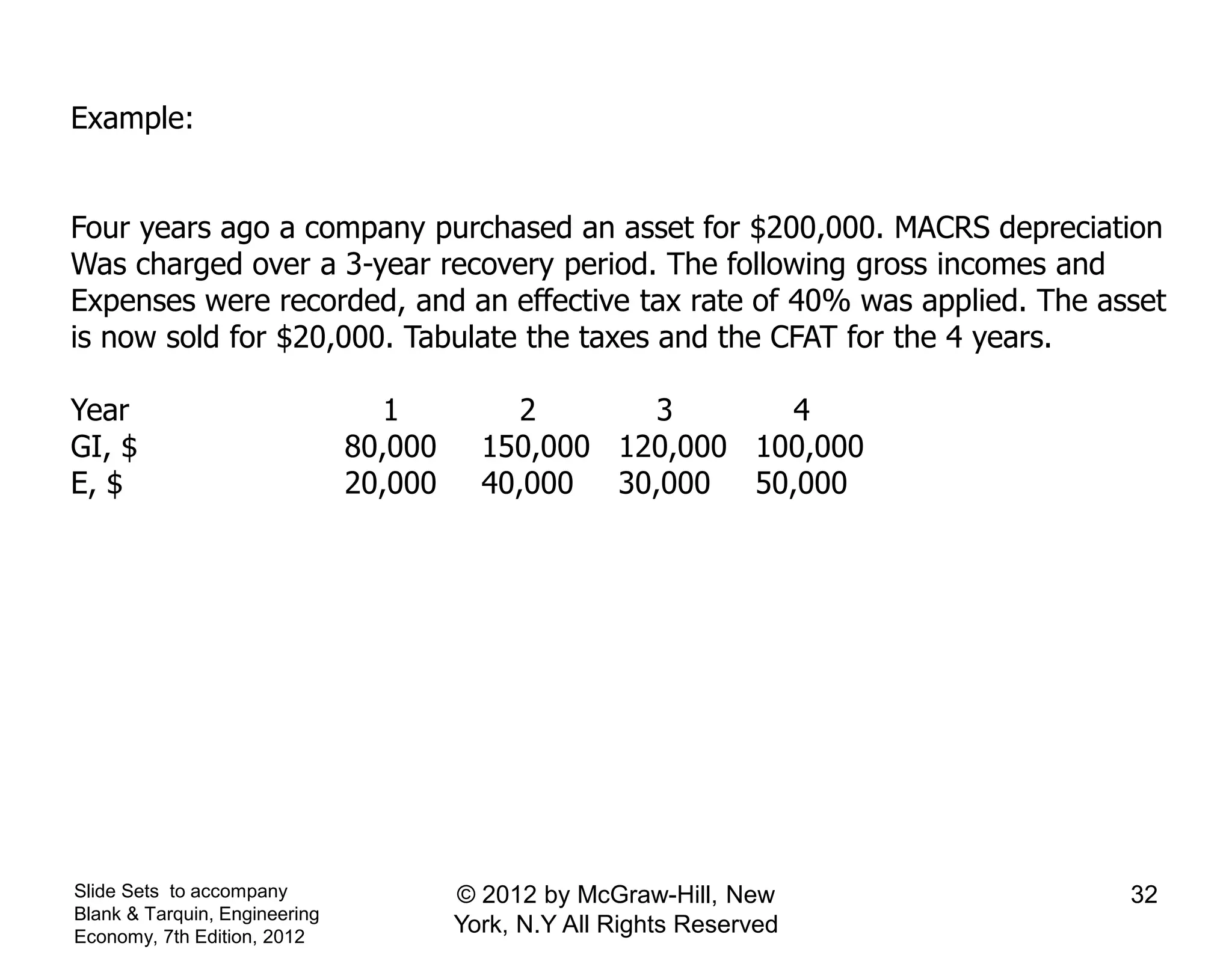 Example:
Four years ago a company purchased an asset for $200,000. MACRS depreciation
Was charged over a 3-year recovery period. The following gross incomes and
Expenses were recorded, and an effective tax rate of 40% was applied. The asset
is now sold for $20,000. Tabulate the taxes and the CFAT for the 4 years.
Year 1 2 3 4
GI, $ 80,000 150,000 120,000 100,000
E, $ 20,000 40,000 30,000 50,000
Slide Sets to accompany
Blank & Tarquin, Engineering
Economy, 7th Edition, 2012
32© 2012 by McGraw-Hill, New
York, N.Y All Rights Reserved
 