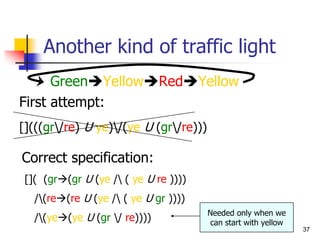 37
Another kind of traffic light
GreenYellowRedYellow
First attempt:
[](((gr/re) U ye)/(ye U (gr/re)))
Correct specification:
[]( (gr(gr U (ye / ( ye U re ))))
/(re(re U (ye / ( ye U gr ))))
/(ye(ye U (gr / re))))
Needed only when we
can start with yellow
 