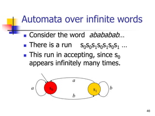 46
Automata over infinite words
 Consider the word abababab…
 There is a run s0s0s1s0s1s0s1 …
 This run in accepting, since s0
appears infinitely many times.
a
a
b
b
s0 s1
 