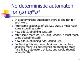 49
No deterministic automaton
for (a+b)*aω
 In a deterministic automaton there is one run for
each word.
 After some sequence of a’s, i.e., aaa…a must reach
some accepting state.
 Now add b, obtaining aaa…ab.
 After some more a’s, i.e., aaa…abaaa…a must reach
some accepting state.
 Now add b, obtaining aaa…abaaa…ab.
 Continuing this way, one obtains a run that has
infinitely many b’s but reaches an accepting state
(in a finite automaton, at least one would repeat)
infinitely often.
 